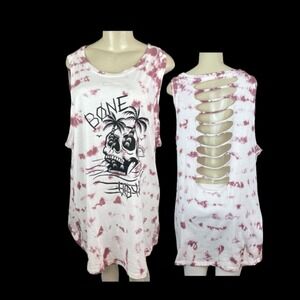 Lovesick 4X Rose Pink Tie Dye Skull Bone Voyage Graphic Cut-Out Back Tank Top